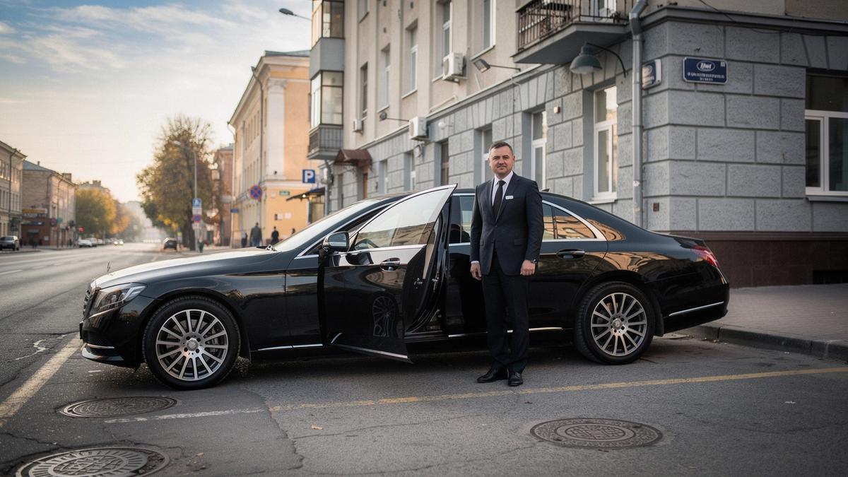 Black Mercedes-Benz sedan parked outside a Kyiv office building before an intercity transfer